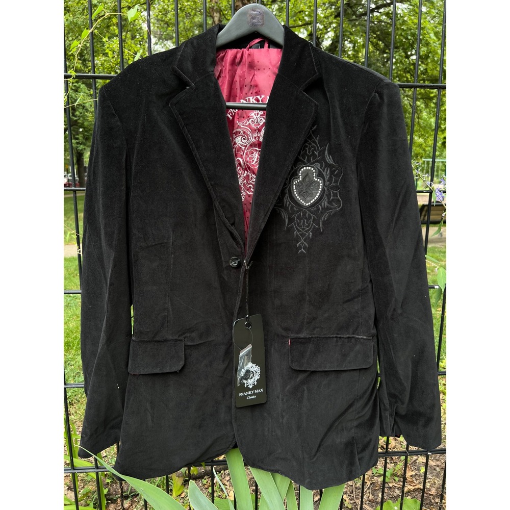 VTG FRANKY MAX Black Embroidered Rhinestone Crest Velour Y2k Bling Blazer L NWT